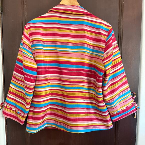 ANNE CARSON | Red Yellow and Blue striped Silk Button down Shirt | Large - Picture 2 of 8